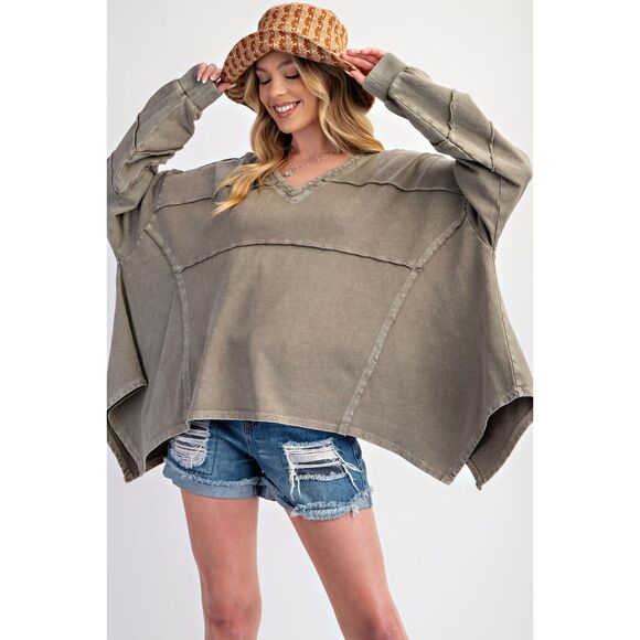 1010 EASEL Small Mineral Washed Terry Knit V Neck Oversized Top - Picture 3 of 5